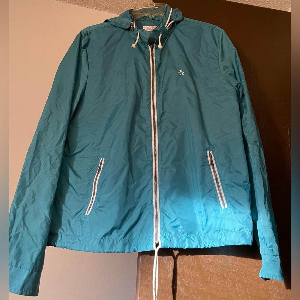 Penguin turquoise zip up windbreaker with optional hood